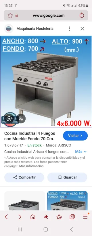 Cocina industrial gas Arisco 4 fuegos + horno