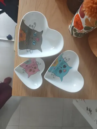 Set 3 cuencos corazón gato cerámica