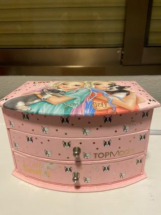 Joyero rosa con espejo y perros