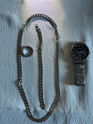 Conjunto Joyería Acero Plateado: Reloj, Anillo, Pu