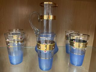 Juego Jarra y Vasos Cristal Azul Dorado