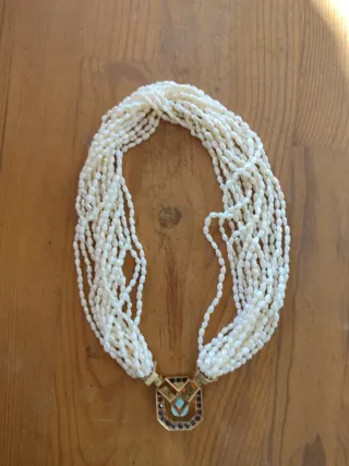 Collar perlas  broche oro turquesa zafiros