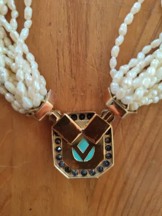 Collar perlas  broche oro turquesa zafiros