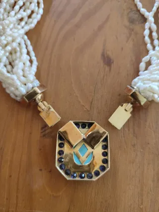 Collar perlas  broche oro turquesa zafiros