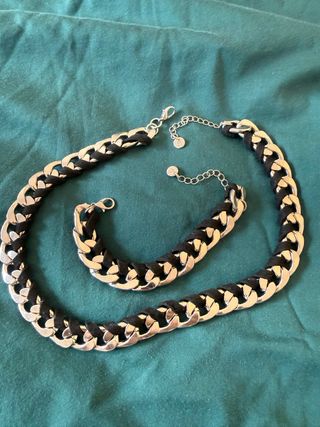 Collar y pulsera cubana plata y negro