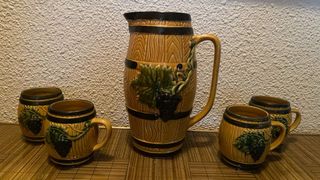 Jarra y 4 tazas barril cerámica