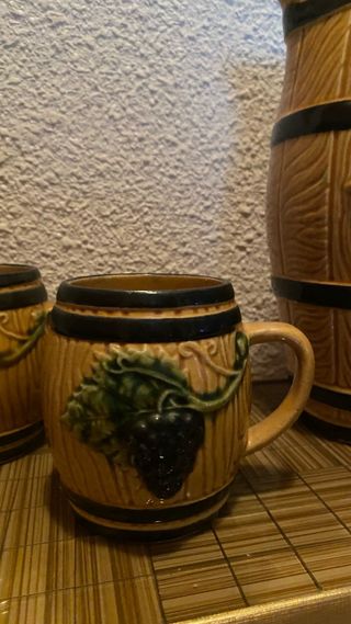Jarra y 4 tazas barril cerámica