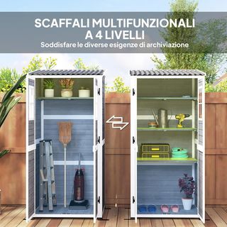 Capanno Porta Herramientas De Jardín De Madera De Abeto Con 2 Ventanas Y Estantes Regulables, Caseta De Herramientas De Jardín Con Cerradura, Techo A Dos Aguas Para Patio Terraza, 91X69X192Cm, Gri...