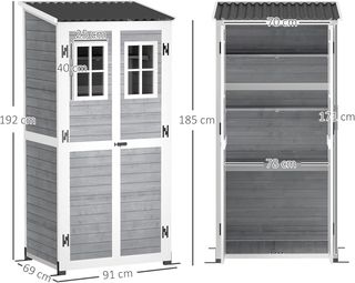 Capanno Porta Herramientas De Jardín De Madera De Abeto Con 2 Ventanas Y Estantes Regulables, Caseta De Herramientas De Jardín Con Cerradura, Techo A Dos Aguas Para Patio Terraza, 91X69X192Cm, Gri...
