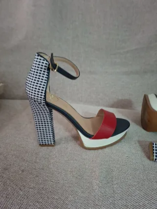 Sandalias Tacon Azul Marino Rojo Blanco