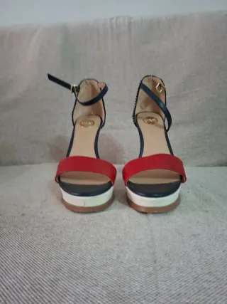 Sandalias Tacon Azul Marino Rojo Blanco