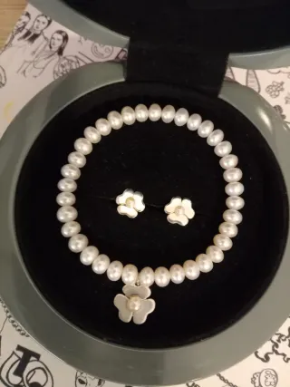 Conjunto Tous Flor Plata y Perlas