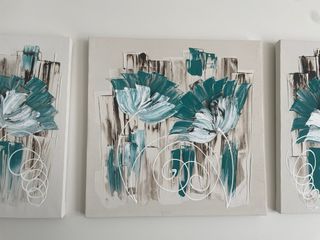 Conjunto 3 Cuadros Decorativos Flores Teal