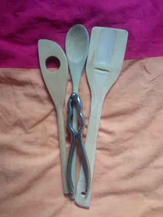 Set Utensilios Cocina Madera + Metal cascanueces