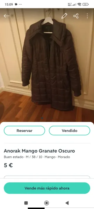 Anorak Mango Granate Oscuro Talla M, con cinturón