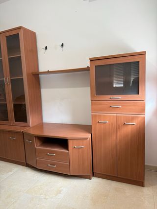 Mueble modular salón TV madera y cristal