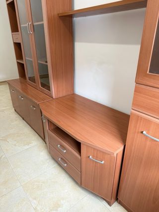 Mueble modular salón TV madera y cristal
