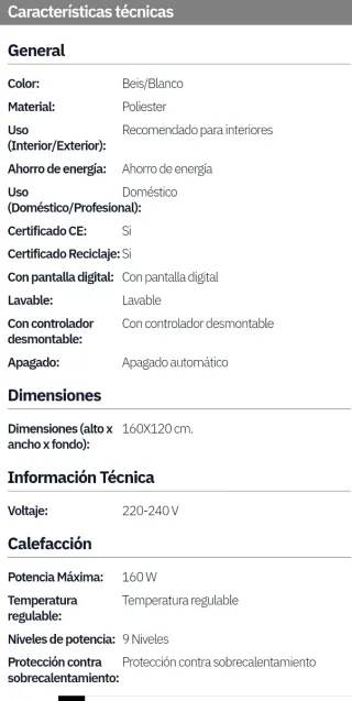 MANTA ELÉCTRICA 160W.