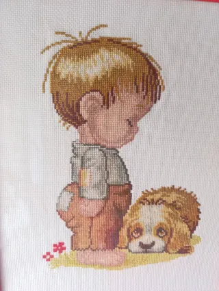 Cuadro Punto de Cruz Niño yPerro. Medidas27,5x33,5