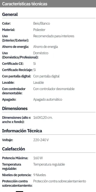 MANTA ELÉCTRICA 160W.