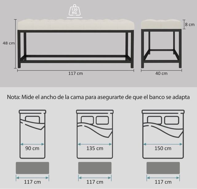 Banco pie de cama tapizado blanco y negro