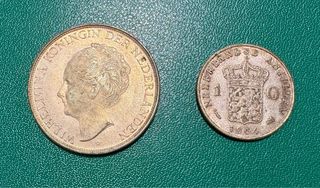 Lote 2 Monedas Plata 720Curazao 1944 Reina Juliana