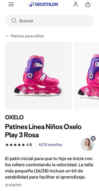 Patines Oxelo Play 3 Niña Rosa Talla 26/28