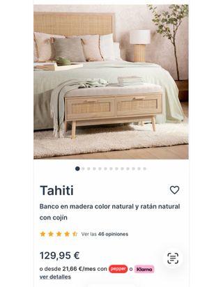 Banco de madera y ratán con cojín