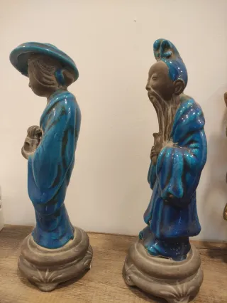 Pareja Sabios Chinos Cerámica Azul