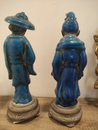 Pareja Sabios Chinos Cerámica Azul