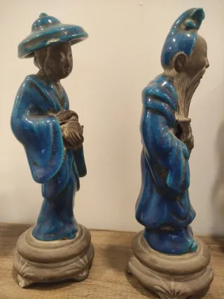 Pareja Sabios Chinos Cerámica Azul