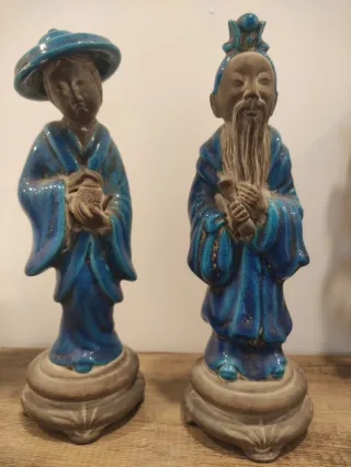 Pareja Sabios Chinos Cerámica Azul