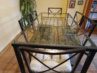 Mesa comedor forja y cristal + 6 sillas
