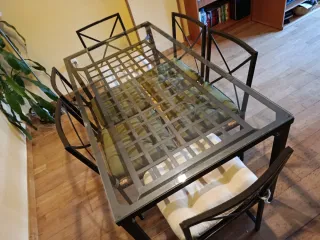 Mesa comedor forja y cristal + 6 sillas