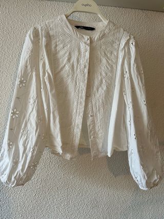 Blusa Zara Algodón Blanca Bordada