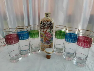 Juego Botella Cerámica y Vasos Decorados vintage