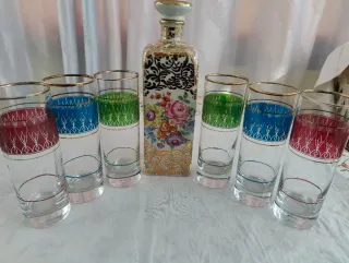 Juego Botella Cerámica y Vasos Decorados vintage