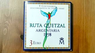Moneda 3 Euro Ruta Quetzal 1998. Plata en cartera.