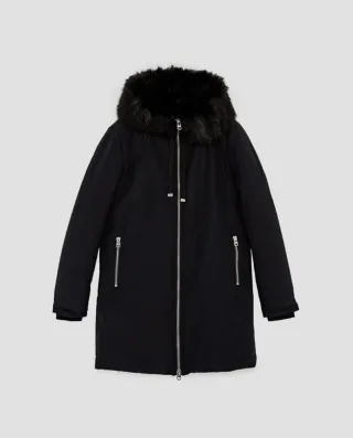 Parka Zara Negra con Capucha y Cremallera