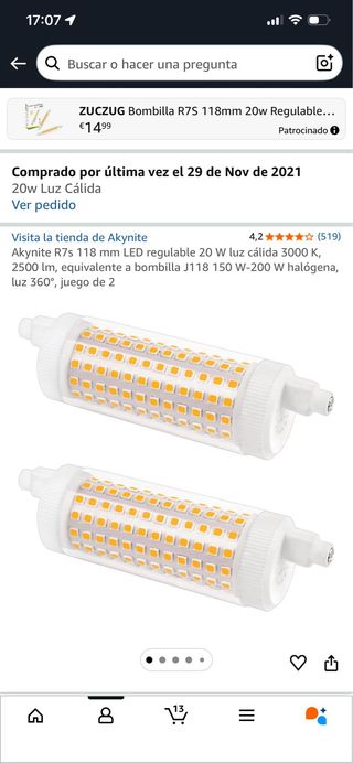 Bombilla LED R7s 118mm 20W equivalente halógena