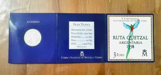 Moneda 3 Euro Ruta Quetzal 1998. Plata en cartera.