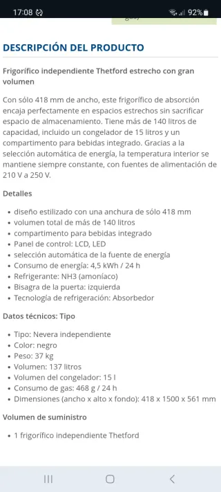 Nevera Trivalente Thetford N4142 para autocaravana