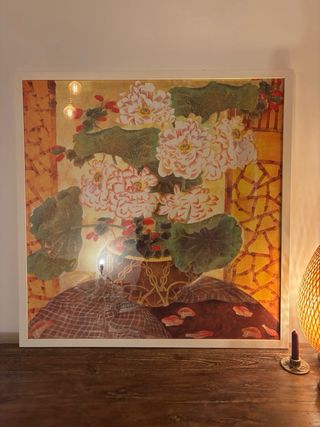 Cuadro flores marco madera blanca, muy grande