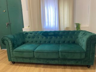 Sofá Chesterfield 3 Plazas Verde Terciopelo