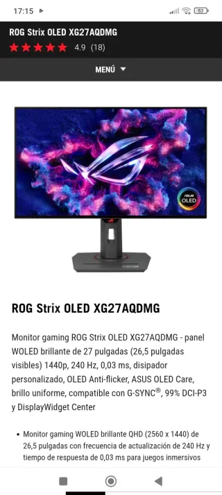 Monitor Asus ROG Strix WOLED 26.5 2K