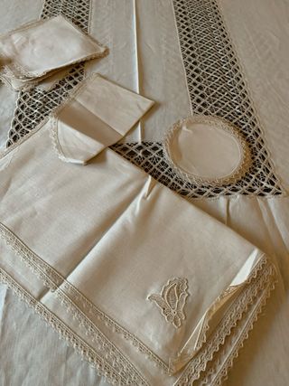 Corredo Tavolo Vintage Nuovo Lino Cotone Con Pizzo