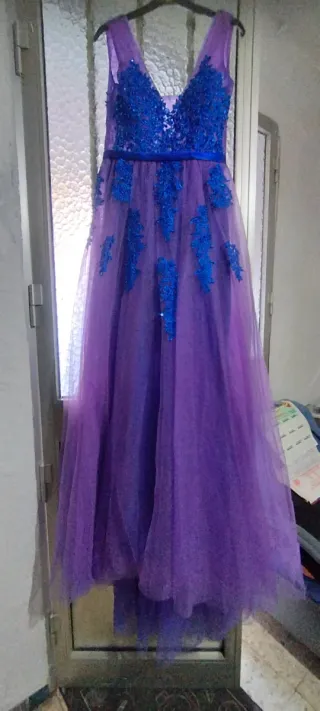 Vestido largo tul morado y azul