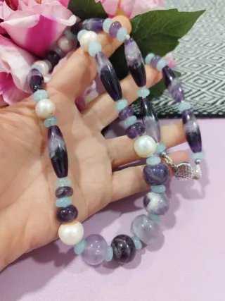 Collana Ametista, Perle e Calcedonio 71cm