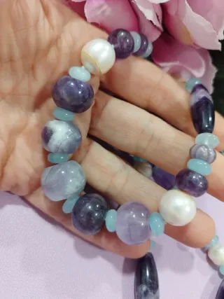 Collana Ametista, Perle e Calcedonio 71cm