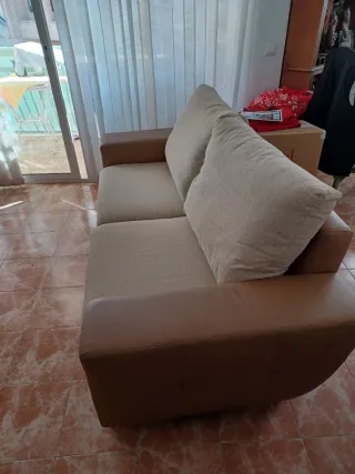 Sofá 3+2 Tela Beige y Polipiel Marrón
